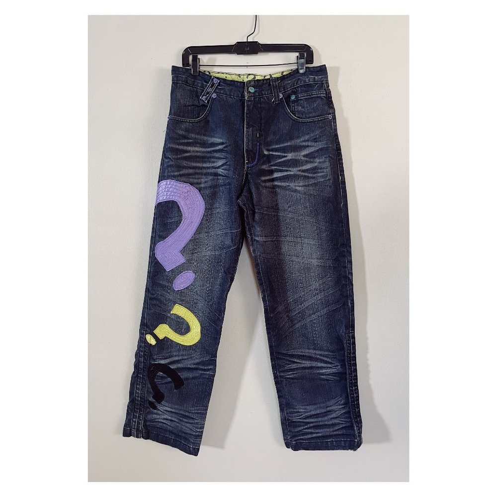 Lot 29 Embroidered Riddler Jeans Sz 34x31 DC Comics Rare Batman Denim